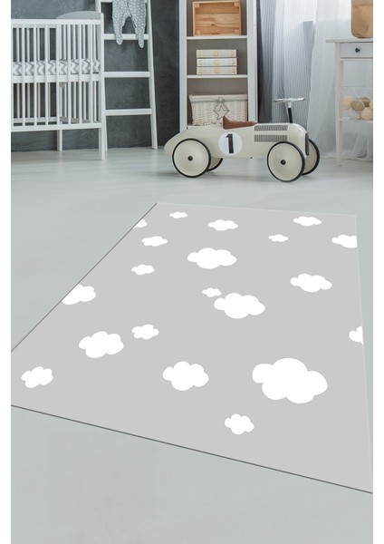 Dijital Baskılı Kaymaz Yıkanabilir Bulut Desenli Çocuk Odası Halısı, Çocuk-08-Gri,