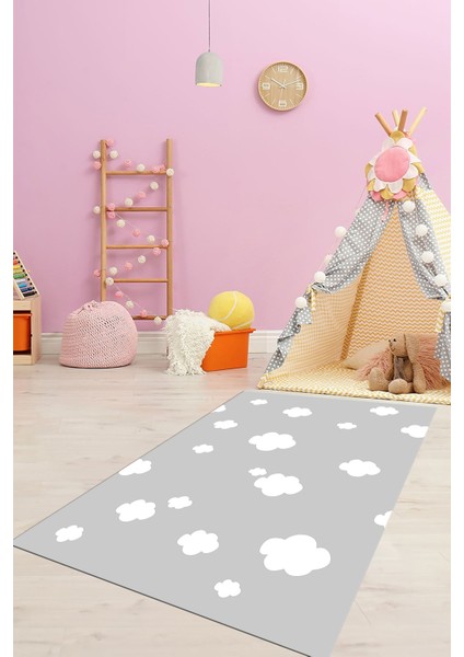 Dijital Baskılı Kaymaz Yıkanabilir Bulut Desenli Çocuk Odası Halısı, Çocuk-08-Gri,
