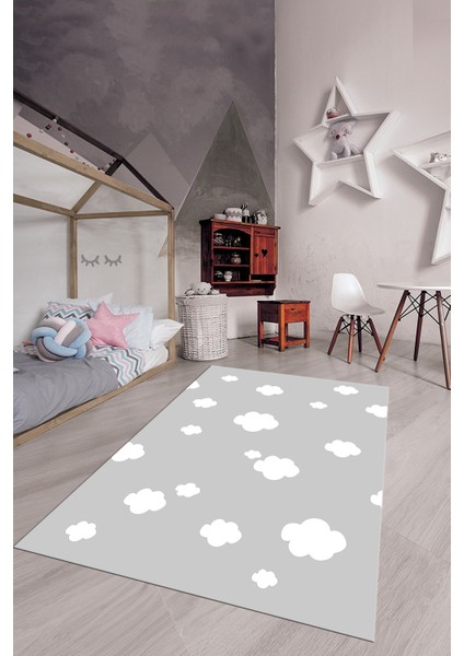 Dijital Baskılı Kaymaz Yıkanabilir Bulut Desenli Çocuk Odası Halısı, Çocuk-08-Gri,