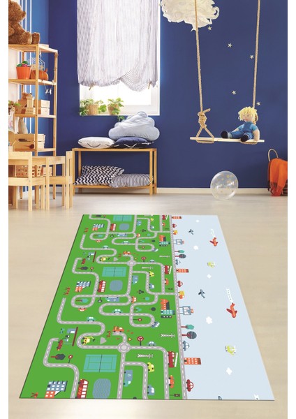 Dijital Baskılı Kaymaz Yıkanabilir Şehir Trafik Temalı Çocuk Odası Oyun Halısı, Çocuk-19-Yeşil,