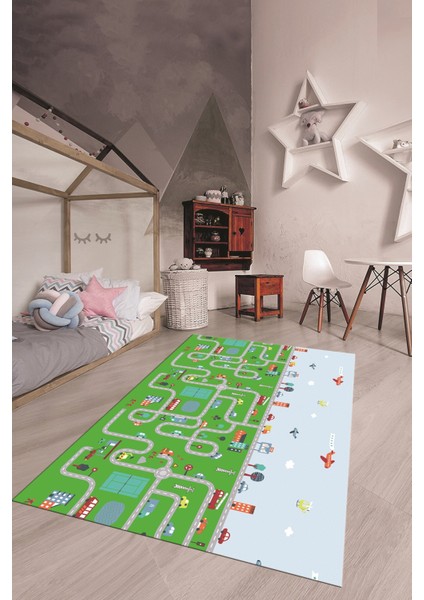 Dijital Baskılı Kaymaz Yıkanabilir Şehir Trafik Temalı Çocuk Odası Oyun Halısı, Çocuk-19-Yeşil, fiyatları
