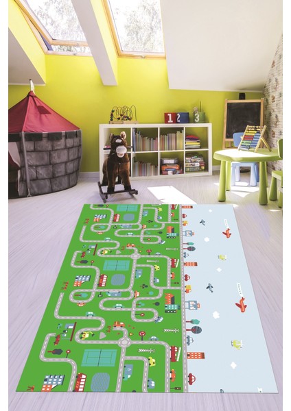 Dijital Baskılı Kaymaz Yıkanabilir Şehir Trafik Temalı Çocuk Odası Oyun Halısı, Çocuk-19-Yeşil, fırsatları