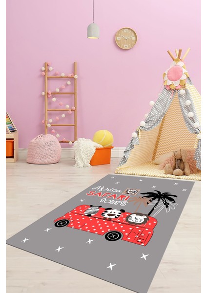 Dijital Baskılı Kaymaz Yıkanabilir Otobüs Safari Desenli Çocuk Odası Halısı, Çocuk-01-Kırmızı, fiyatları