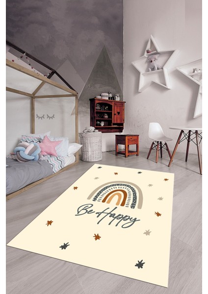 Kaymaz Taban Yıkanabilir Be Happy Yazılı Gökküşağı Desenli Çocuk Halısı, Çocuk-14-Krem,