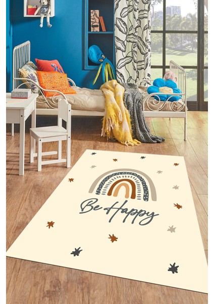 Kaymaz Taban Yıkanabilir Be Happy Yazılı Gökküşağı Desenli Çocuk Halısı, Çocuk-14-Krem,