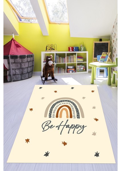 Kaymaz Taban Yıkanabilir Be Happy Yazılı Gökküşağı Desenli Çocuk Halısı, Çocuk-14-Krem,