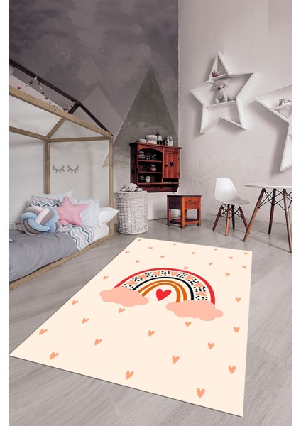 Kaymaz Taban Yıkanabilir Kalpli Gökküşağı Desenli Çocuk Odası Halısı, Çocuk-15-Krem, fiyatları