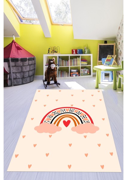 Kaymaz Taban Yıkanabilir Kalpli Gökküşağı Desenli Çocuk Odası Halısı, Çocuk-15-Krem, fırsatları