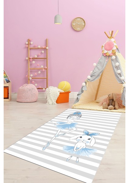 Dijital Baskılı Kaymaz Yıkanabilir Balerin Kız Desenli Çocuk Odası Halısı, Çocuk-09-Mavi,