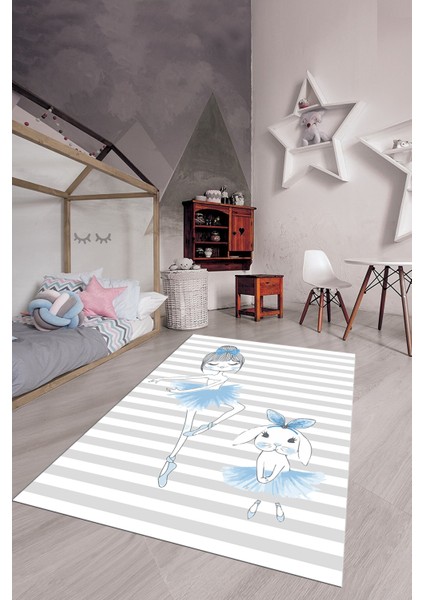 Dijital Baskılı Kaymaz Yıkanabilir Balerin Kız Desenli Çocuk Odası Halısı, Çocuk-09-Mavi, modelleri