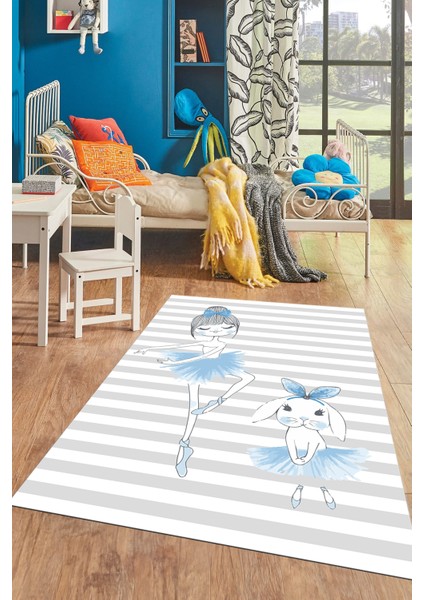 Dijital Baskılı Kaymaz Yıkanabilir Balerin Kız Desenli Çocuk Odası Halısı, Çocuk-09-Mavi, fırsatları