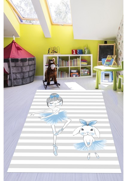 Dijital Baskılı Kaymaz Yıkanabilir Balerin Kız Desenli Çocuk Odası Halısı, Çocuk-09-Mavi, indirimleri