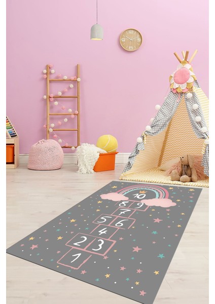 Kaymaz Taban Yıkanabilir Yıldızlı Sek Sek Desen Çocuk Odası Oyun Halısı, Çocuk-12-Antrasit,