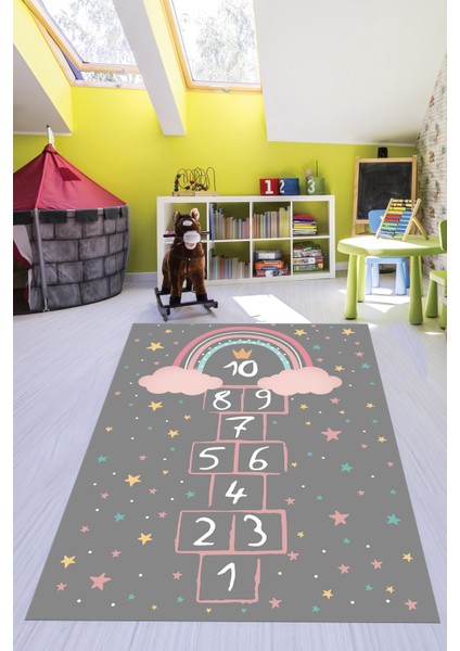Kaymaz Taban Yıkanabilir Yıldızlı Sek Sek Desen Çocuk Odası Oyun Halısı, Çocuk-12-Antrasit, indirimleri