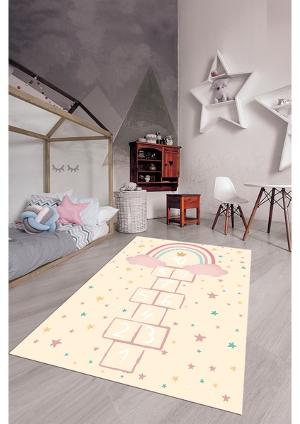 Kaymaz Taban Yıkanabilir Yıldızlı Sek Sek Desen Çocuk Odası Oyun Halısı, Çocuk-12-Krem, modelleri