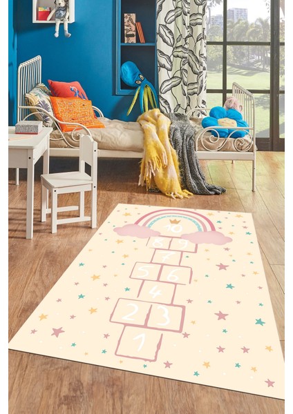 Kaymaz Taban Yıkanabilir Yıldızlı Sek Sek Desen Çocuk Odası Oyun Halısı, Çocuk-12-Krem, fırsatları