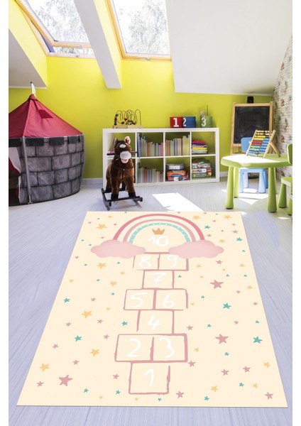 Kaymaz Taban Yıkanabilir Yıldızlı Sek Sek Desen Çocuk Odası Oyun Halısı, Çocuk-12-Krem, indirimleri