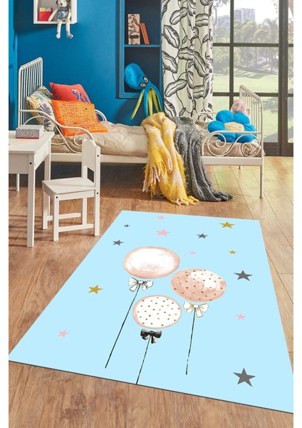 Dijital Baskılı Kaymaz Yıkanabilir Balon Yıldız Desenli Çocuk Odası Halısı, Çocuk-24-Mavi, fiyatları