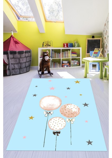 Dijital Baskılı Kaymaz Yıkanabilir Balon Yıldız Desenli Çocuk Odası Halısı, Çocuk-24-Mavi, modelleri