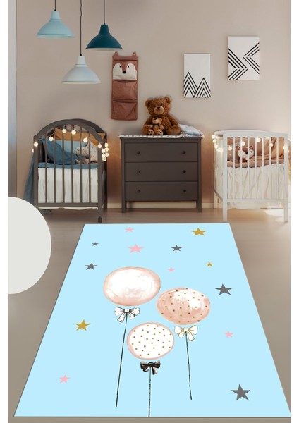 Dijital Baskılı Kaymaz Yıkanabilir Balon Yıldız Desenli Çocuk Odası Halısı, Çocuk-24-Mavi, fırsatları