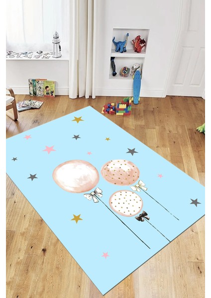 Dijital Baskılı Kaymaz Yıkanabilir Balon Yıldız Desenli Çocuk Odası Halısı, Çocuk-24-Mavi, indirimleri