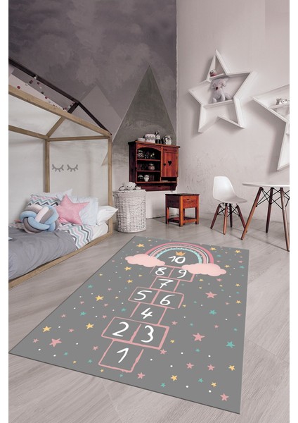 Kaymaz Taban Yıkanabilir Yıldızlı Sek Sek Desen Çocuk Odası Oyun Halısı, Çocuk-12-Antrasit, modelleri