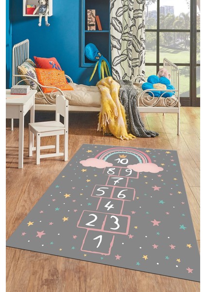 Kaymaz Taban Yıkanabilir Yıldızlı Sek Sek Desen Çocuk Odası Oyun Halısı, Çocuk-12-Antrasit, fırsatları