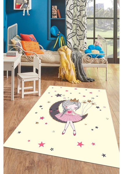 Kaymaz Taban Yıkanabilir Ayda Oturan Prenses Desenli Çocuk Odası Halısı, Çocuk-13-Krem, fırsatları