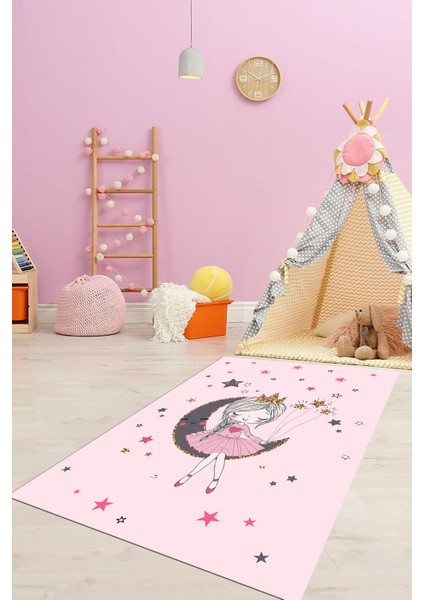 Kaymaz Taban Yıkanabilir Ayda Oturan Prenses Desenli Çocuk Odası Halısı, Çocuk-13-Pembe,