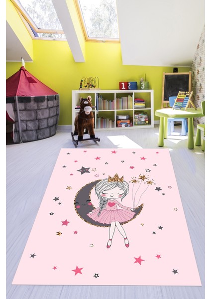 Kaymaz Taban Yıkanabilir Ayda Oturan Prenses Desenli Çocuk Odası Halısı, Çocuk-13-Pembe, fırsatları