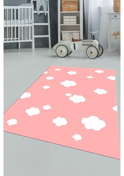 Dijital Baskılı Kaymaz Yıkanabilir Bulut Desenli Çocuk Odası Halısı, Çocuk-08-Pembe,