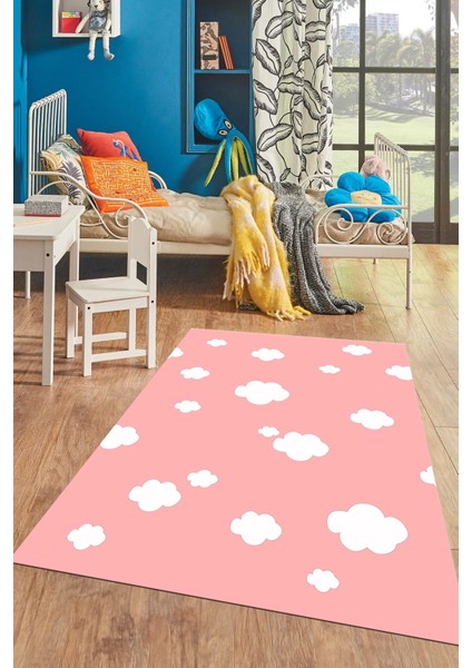 Dijital Baskılı Kaymaz Yıkanabilir Bulut Desenli Çocuk Odası Halısı, Çocuk-08-Pembe, indirimleri