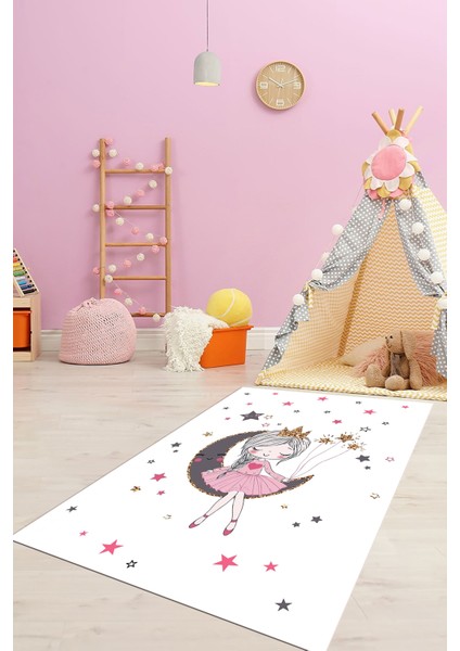 Kaymaz Taban Yıkanabilir Ayda Oturan Prenses Desenli Çocuk Odası Halısı, Çocuk-13-Beyaz,