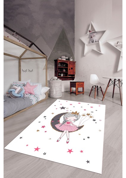 Kaymaz Taban Yıkanabilir Ayda Oturan Prenses Desenli Çocuk Odası Halısı, Çocuk-13-Beyaz, modelleri