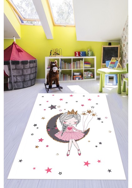 Kaymaz Taban Yıkanabilir Ayda Oturan Prenses Desenli Çocuk Odası Halısı, Çocuk-13-Beyaz, indirimleri