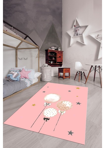 Dijital Baskılı Kaymaz Yıkanabilir Balon Yıldız Desenli Çocuk Odası Halısı, Çocuk-24-Pembe,