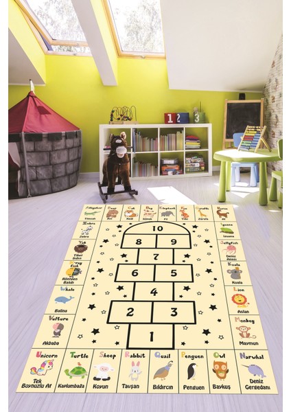 Sek Sek Desen Ingilizce Öğretici Eğitici Çocuk Odası Oyun Halısı, Çocuk-36-Krem,