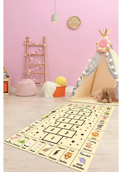 Sek Sek Desen Ingilizce Öğretici Eğitici Çocuk Odası Oyun Halısı, Çocuk-36-Krem, indirimleri
