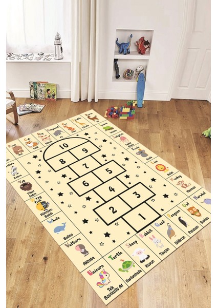 Sek Sek Desen Ingilizce Öğretici Eğitici Çocuk Odası Oyun Halısı, Çocuk-36-Krem, modelleri