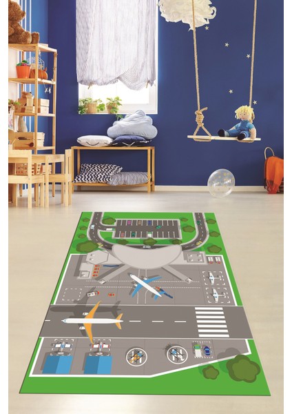 Havalimanı Uçak Temalı Eğitici Eğkendirici Çocuk Odası Oyun Halısı, Çocuk-50-Yeşil, fırsatları