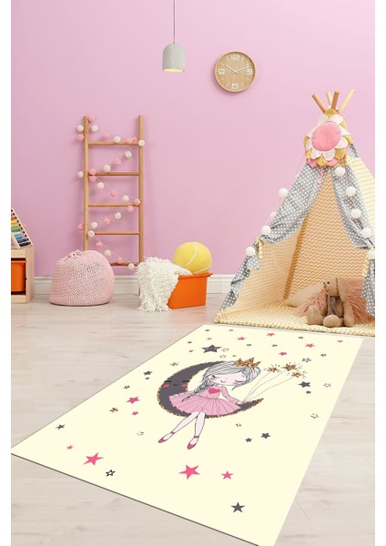 Kaymaz Taban Yıkanabilir Ayda Oturan Prenses Desenli Çocuk Odası Halısı, Çocuk-13-Krem,