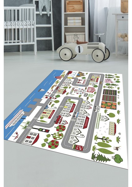 Kaymaz Taban Yıkanabilir Trafik Eğitici Çocuk Odası Oyun Halısı, Çocuk-07-Beyaz,