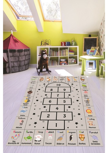 Sek Sek Desen Ingilizce Öğretici Eğitici Çocuk Odası Oyun Halısı, Çocuk-36-Gri,