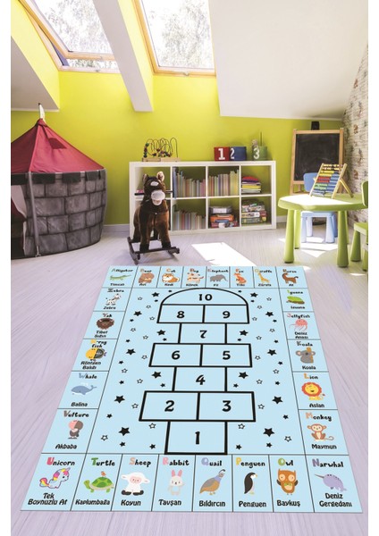 Sek Sek Desen Ingilizce Öğretici Eğitici Çocuk Odası Oyun Halısı, Çocuk-36-Mavi,