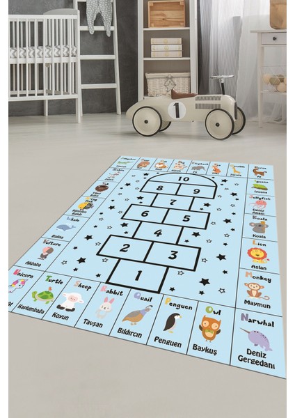 Sek Sek Desen Ingilizce Öğretici Eğitici Çocuk Odası Oyun Halısı, Çocuk-36-Mavi, fırsatları