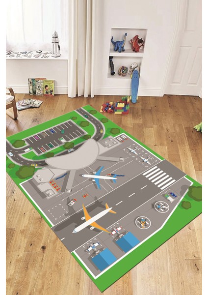 Havalimanı Uçak Temalı Eğitici Eğkendirici Çocuk Odası Oyun Halısı, Çocuk-50-Yeşil,