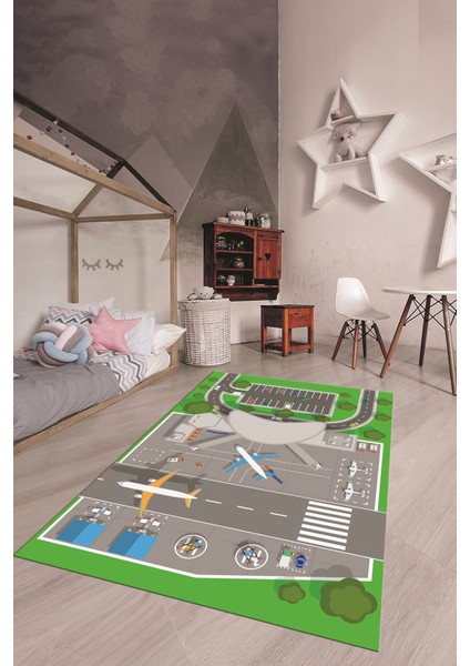 Havalimanı Uçak Temalı Eğitici Eğkendirici Çocuk Odası Oyun Halısı, Çocuk-50-Yeşil, indirimleri