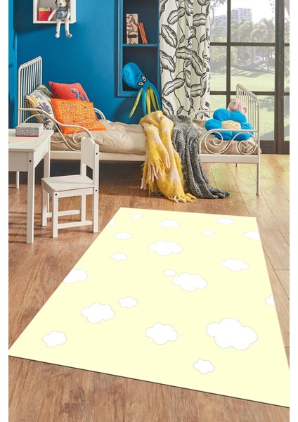 Dijital Baskılı Kaymaz Yıkanabilir Bulut Desenli Çocuk Odası Halısı, Çocuk-08-Sarı, indirimleri