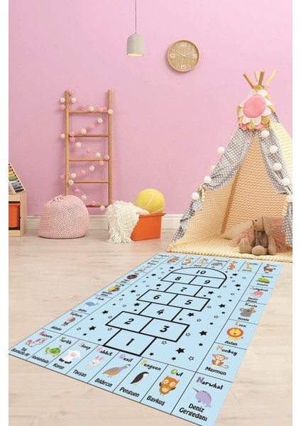 Sek Sek Desen Ingilizce Öğretici Eğitici Çocuk Odası Oyun Halısı, Çocuk-36-Mavi, indirimleri