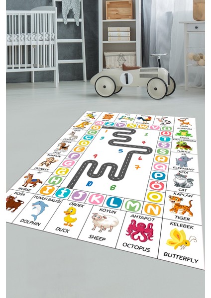 Ingilizce Harf ve Hayvan Temalı Eğitici Çocuk Odası Oyun Halısı, Çocuk-44-Beyaz, modelleri